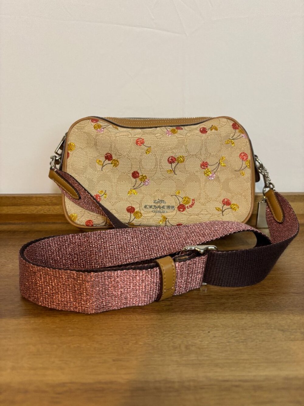 Coach Isla Signature Khaki Metallic Cherry Print Tan Leather Crossbody